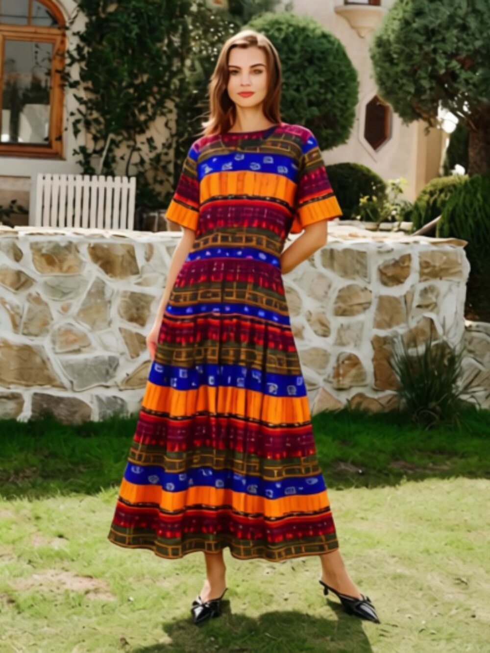 Phoebe Vtg Women's Maxi Tiered Dress Crinkle Short Sleeves Size L